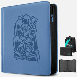 Angled view of a blue Pokemon toploader binder with embossed Blastoise and a premium black gift box