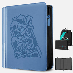 Angled view of a blue 4-pocket Pokemon card binder with embossed Blastoise and a premium black gift box