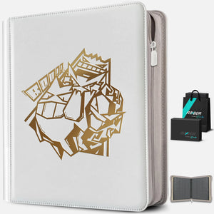 Angled view of a white Pokemon toploader binder with gold foil Gengar and a premium black gift box