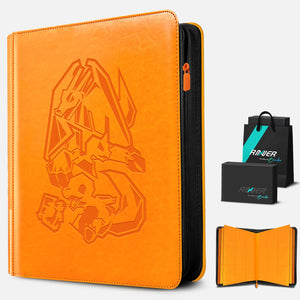Angled view of orange Pokemon card binder with embossed Charizard and premium black gift box packaging