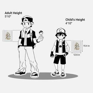 Size chart showing white Pokemon toploader binder measuring 15.4 by 12.6 inches against trainer figures