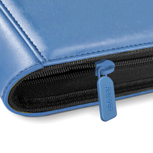 Close-up of the zipper pull and leather edge stitching on a blue Blastoise Pokemon card binder