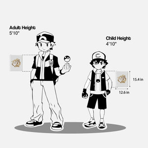 Size chart showing white Pokemon toploader binder dimensions of 15.4 by 12.6 inches against trainer figures