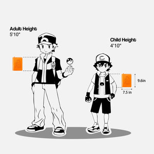 Size chart showing orange 4-pocket Pokemon card binder dimensions of 9.6 by 7.5 inches against trainer figures