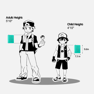 Size chart showing green 4-pocket Pokemon card binder dimensions of 9.6 by 7.5 inches against trainer figures