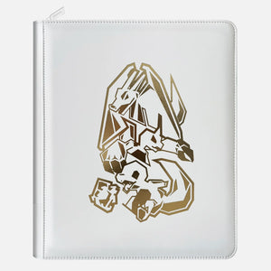 White leather Pokemon toploader binder with gold foil Charizard design and zippered closure