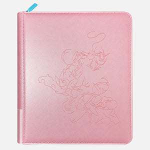 Pink leather Pokemon toploader binder with eight Eevee family Pokemon debossed in line art and a sky-blue zipper pull