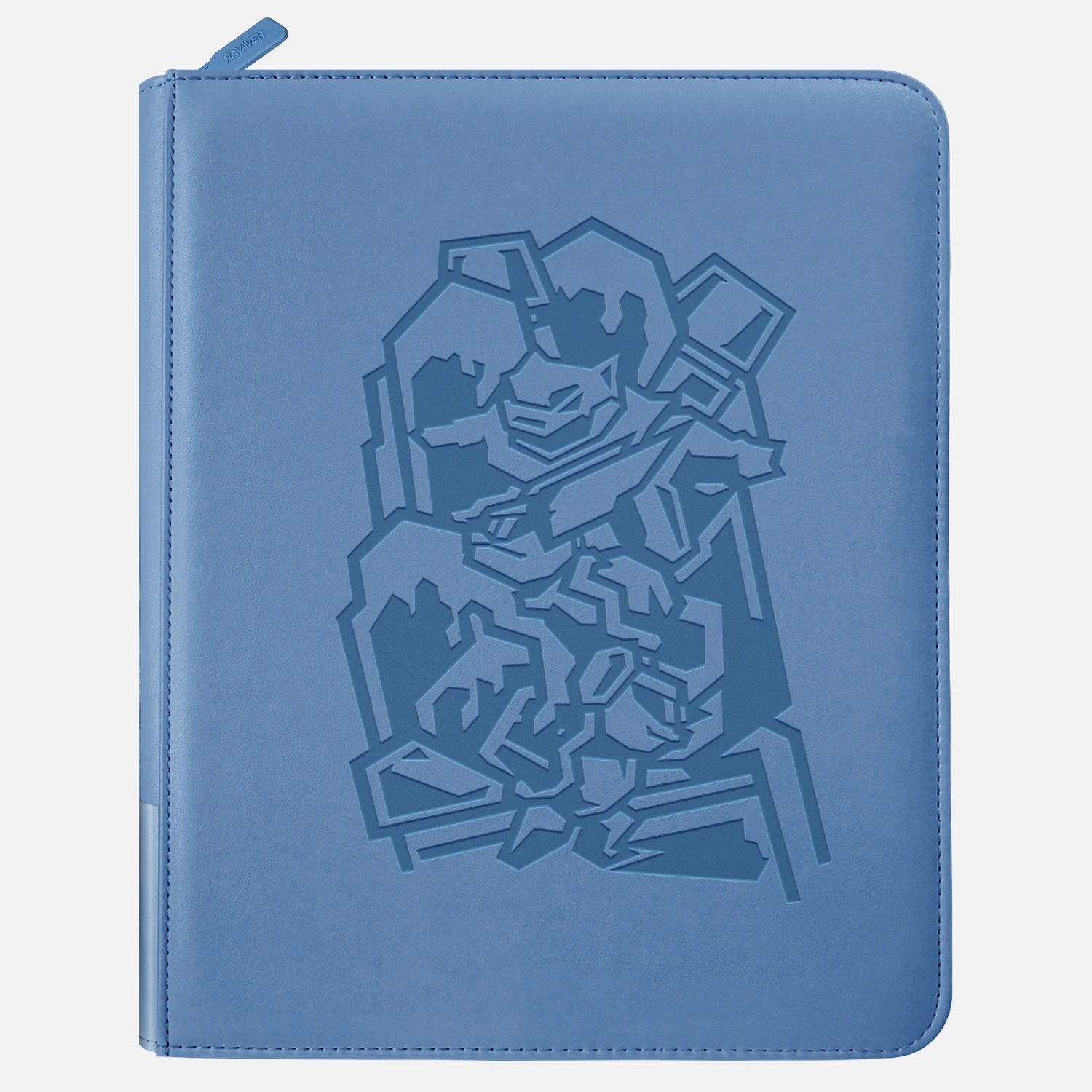 Blue leather Pokemon toploader binder with embossed Blastoise evolution design and zippered closure