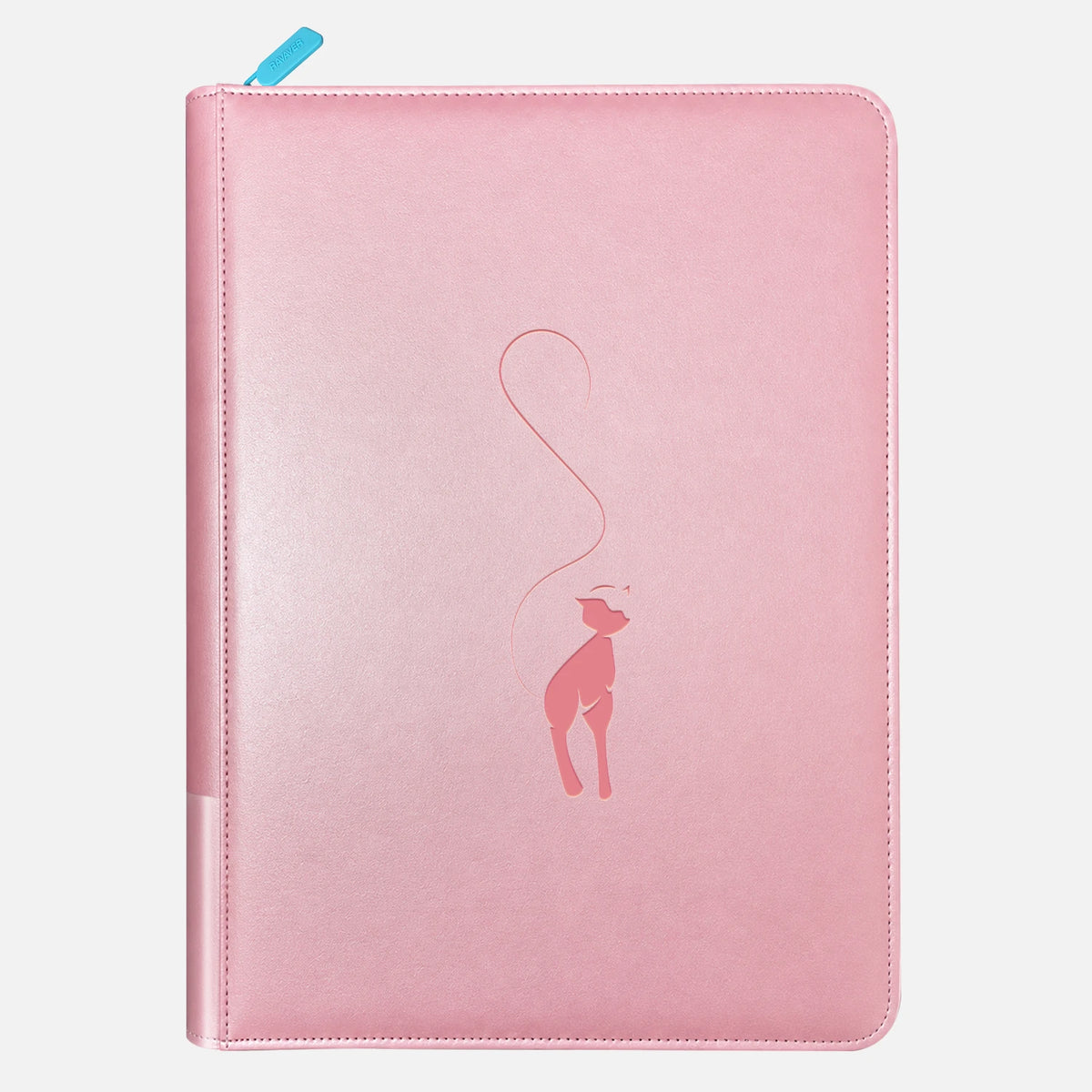 Pink leather Pokemon card binder with a rose Mew silhouette, a line-drawn tail, and a sky-blue zipper pull