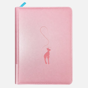 Pink leather Pokemon card binder with a rose Mew silhouette, a line-drawn tail, and a sky-blue zipper pull