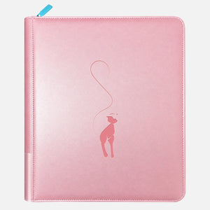Pink leather Pokemon toploader binder with a rose Mew silhouette, a line-drawn tail, and a sky-blue zipper pull