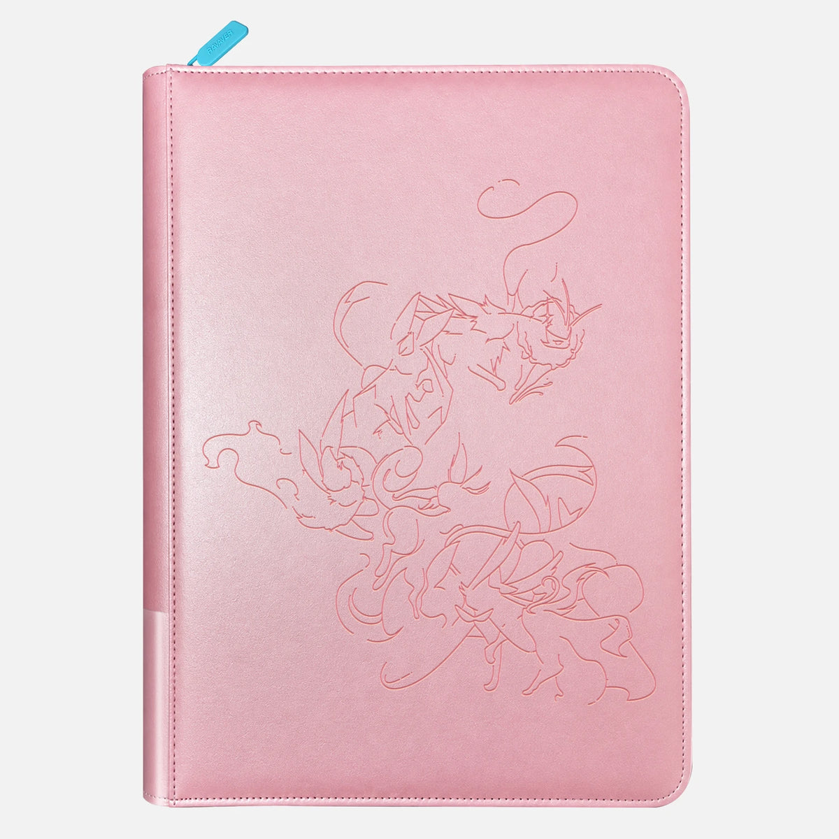 Pink leather Pokemon card binder with eight Eevee family Pokemon debossed in line art and a sky-blue zipper pull