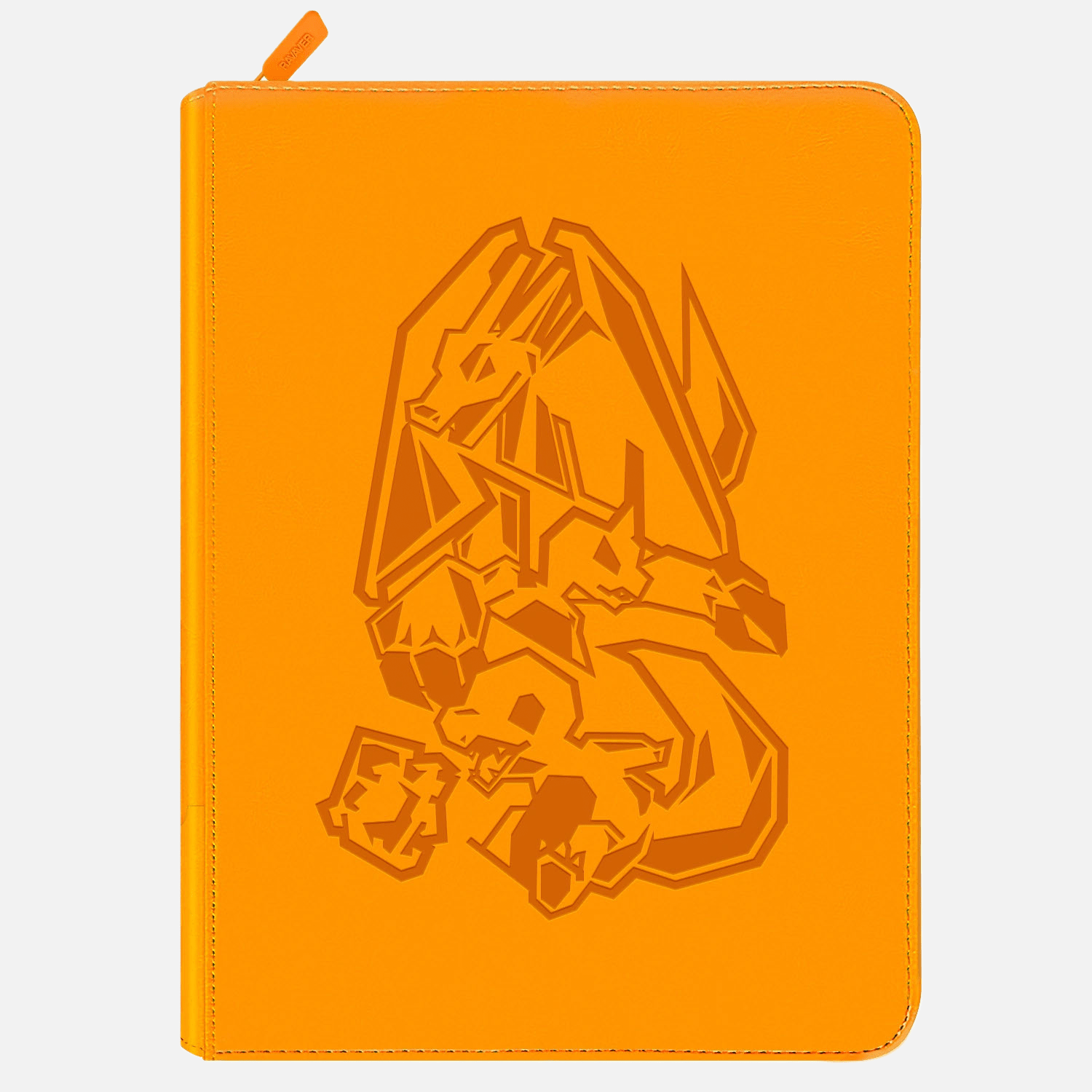 Orange leather Pokemon card binder with embossed Charizard evolution line and full-zip closure