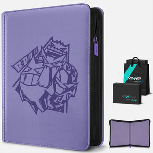 Side view of purple Pokemon card binder with branded gift box packaging and interior preview