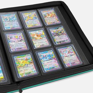 Open green Pokemon toploader binder showing 9-pocket pages filled with holographic cards in toploaders