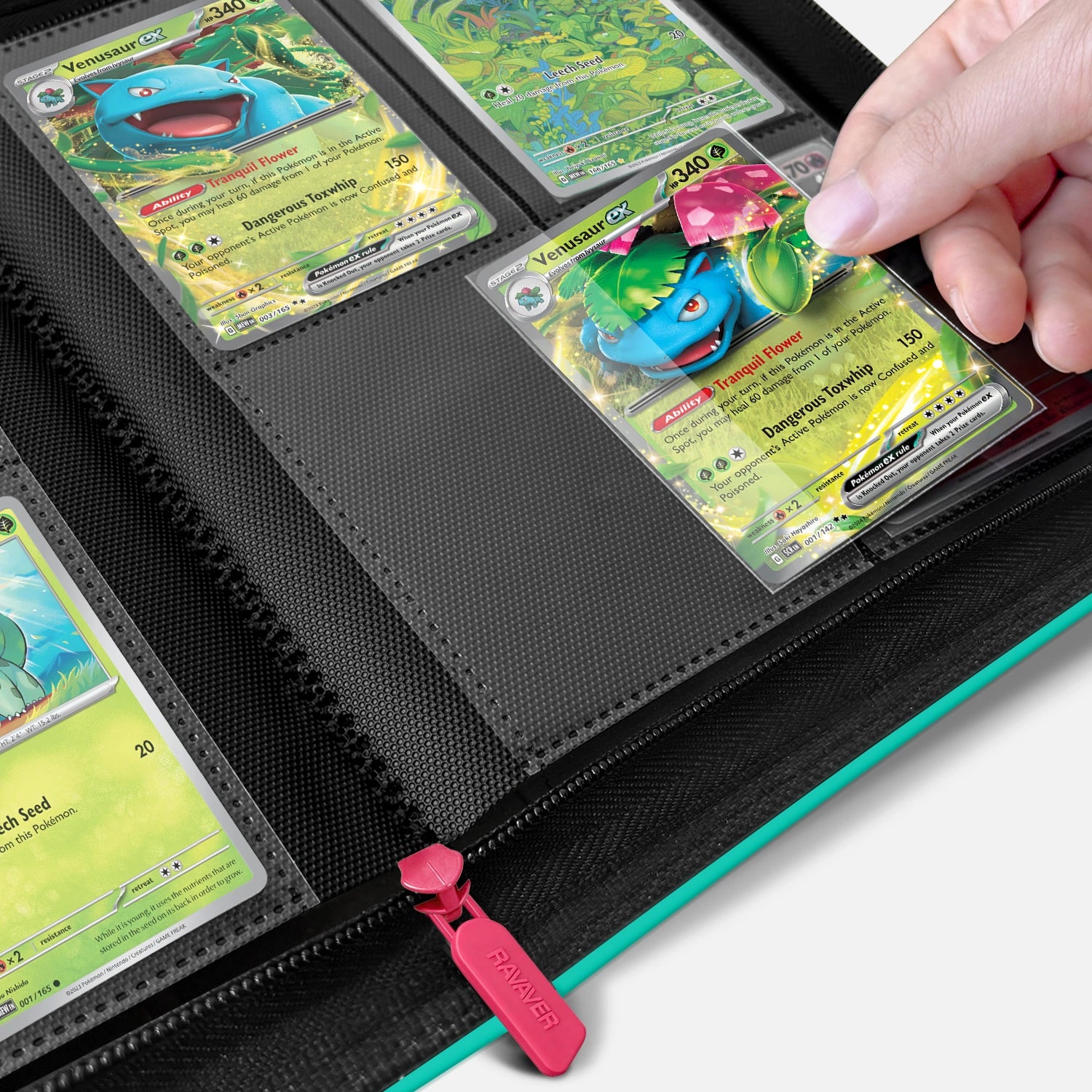 Hand placing a holographic Venusaur card into a crystal-clear pocket on an open green 4-pocket Pokemon card binder