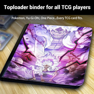 Custom toploader binder with a personalized One Piece Luffy printed cover, shown fitting Pokemon, Yu-Gi-Oh and One Piece cards