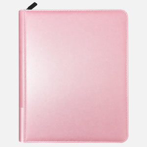 Plain pink PU leather custom toploader binder with stitched edges and a black zipper pull