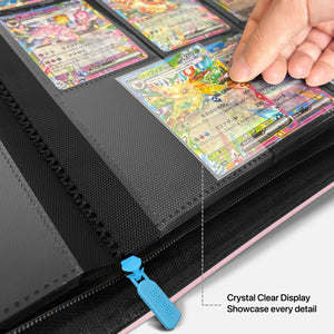 Hand sliding a Pokemon card into a crystal-clear side-loading pocket