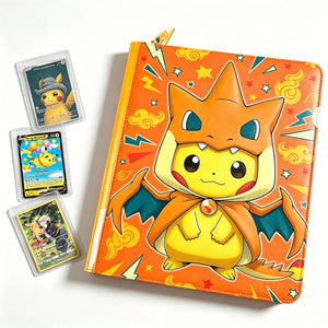 Custom Pokemon toploader binder with orange Pikachu in Charizard costume printed cover beside Pokemon cards