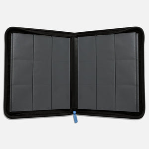 Interior view of a blue Pokemon toploader binder with empty 9-pocket pages and 252-card capacity