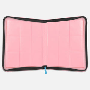 Interior of a pink Mew card binder showing empty pink 9-pocket pages and a sky-blue zipper pull