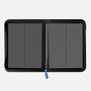 Interior view of a blue 4-pocket Pokemon card binder with empty black side-loading pages and 160-card capacity