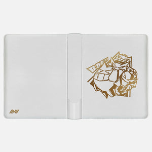 White Pokemon toploader binder laid open showing the gold foil Gengar inner cover