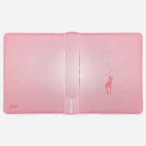 Pink Mew toploader binder laid flat showing the rose Mew silhouette on the front and the embossed logo on the back