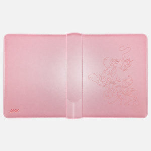Pink Eevee Family toploader binder laid flat showing the eight-Pokemon line art front and the embossed logo on the back