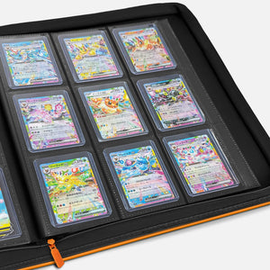 Open orange Pokemon toploader binder showing a 9-pocket page filled with toploadered holographic cards