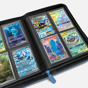 Open blue Pokemon card binder showing 4-pocket pages displaying Blastoise holographic trading cards