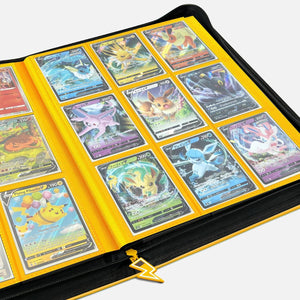 Open yellow Pikachu Face card binder with 9-pocket pages filled with holographic Pokemon cards
