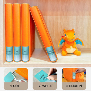 Customizable spine label inserts with cut, write, and slide-in steps beside a Charmander plush for labeling a Pokemon card binder