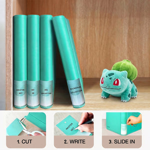 Customizable spine label inserts with cut, write, and slide-in steps beside a Bulbasaur plush for labeling a Pokemon card binder