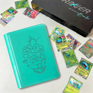 Green 4-pocket Pokemon card binder displayed beside scattered Venusaur holographic cards and a premium gift box