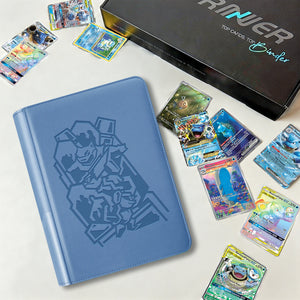 Blue 4-pocket Pokemon card binder displayed beside scattered Blastoise holographic cards and a premium gift box