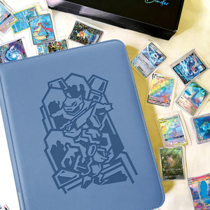Blue Pokemon card binder displayed beside scattered Blastoise holographic cards and a premium gift box