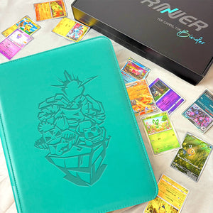 Green Pokemon card binders lined up on shelf with customizable spine labels for organizing TCG sets