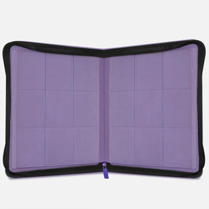 Interior view of purple Pokemon card binder with empty 9-pocket pages and 360-card capacity
