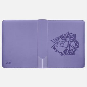 Pokemon toploader binder laid flat showing full purple leather cover with embossed Gengar design