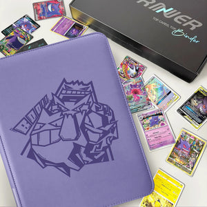 Purple Pokemon card binder displayed alongside Gengar holographic trading cards and gift box