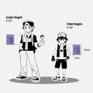 Size chart showing purple Pokemon card binder dimensions of 13.8 by 10 inches against trainer figures