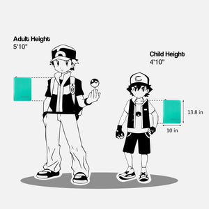Size chart showing green Pokemon card binder dimensions of 13.8 by 10 inches against trainer figures