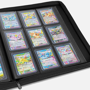 Open Pokemon toploader binder with 9-pocket pages filled with holographic cards in toploaders