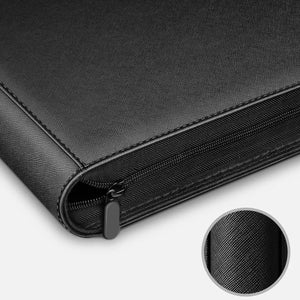 Close-up of black PU leather texture and smooth zipper corner on Pokemon toploader binder
