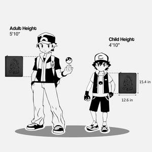 Size chart comparing the 15.4 by 12.6 inch Pokemon toploader binder to adult and child height