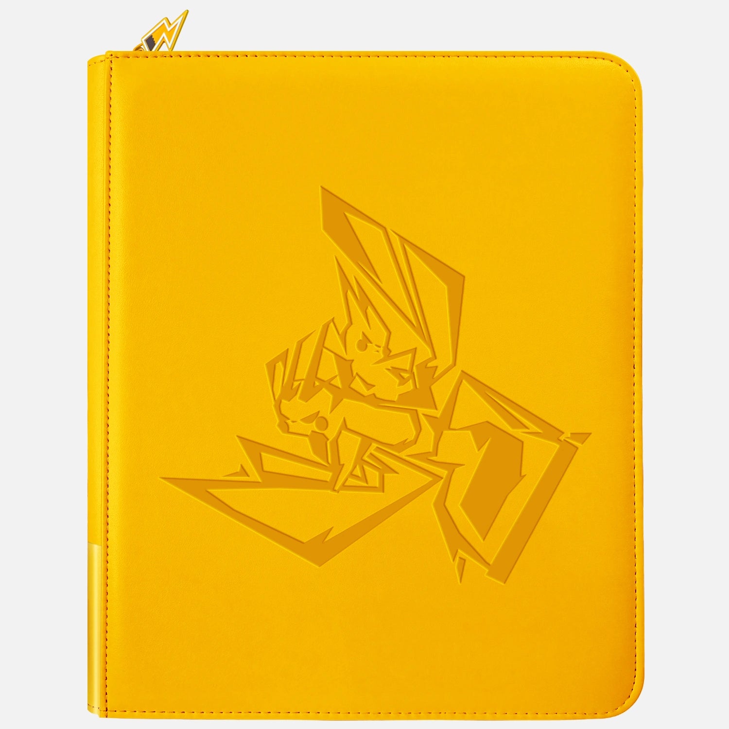 Yellow leather Pokemon toploader binder with embossed Pikachu design and lightning-bolt zipper pull