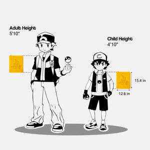 Size chart showing yellow Pokemon toploader binder dimensions against trainer figures