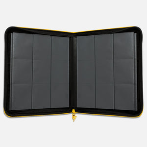 Interior view of yellow Pokemon toploader binder with empty 9-pocket pages and 252-toploader capacity